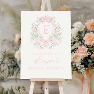 Signe de bienvenue de douche nuptiale monogramme chinoiserie, douche nuptiale, douche nuptiale de crête florale rose, signe de bienvenue victorien Français de toile de Jouy