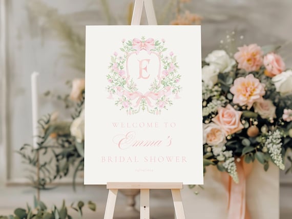 Chinoiserie Monogram Bridal Shower Welcome sign, Bridal Shower, Pink Floral Crest bridal shower, Victorian French Toile De Jouy Welcome sign