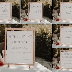 Pode incluir: Um conjunto de seis placas de casamento com texto branco em fundo preto. As placas s&atilde;o emolduradas em cobre e t&ecirc;m um visual r&uacute;stico. As placas incluem "Love is Sweet", "Favors Please Take One", "Reserved for the Family of the Bride", "In the Loving Memory of Those Who Are Forever in Our Hearts", "Reserved for the Family of the Groom", e "Audio Guestbook".