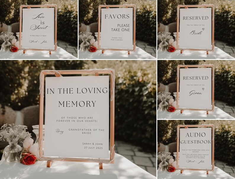 Pode incluir: Um conjunto de seis placas de casamento com texto branco em fundo preto. As placas s&atilde;o emolduradas em cobre e t&ecirc;m um visual r&uacute;stico. As placas incluem "Love is Sweet", "Favors Please Take One", "Reserved for the Family of the Bride", "In the Loving Memory of Those Who Are Forever in Our Hearts", "Reserved for the Family of the Groom", e "Audio Guestbook".