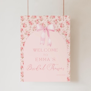 Vintage Pink Bow Rose Toile Bridal Shower Welcome Sign, Editable Pink Bow Bridal Shower, Shabby Chic Bridal Shower, Bridal Shower, D2