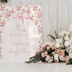 Pink Bow Welcome Sign for Baby Shower, Pink Bow Ribbon Watercolor Baby Shower,  Blush Pink 1st Birthday, Minimalist Baby Shower, B1