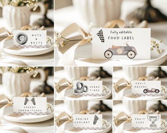 Etiqueta editable para comida de cumpleaños, Rápido uno, Dos rápidos, Decoración de cumpleaños de coche de carreras, letrero de mesa de coche de carreras marrón, plantilla editable para decoración de fiesta de carreras