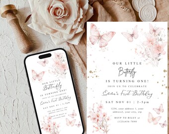 May include: A digital invitation for a first birthday party with a watercolor butterfly theme. The invitation features a pink butterfly, flowers, and gold glitter. The text reads "Our Little Butterfly is Turning One!" and includes the date, time, and RSVP information.