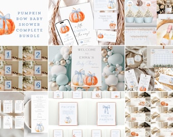 May include: A pumpkin baby shower complete bundle featuring watercolor orange pumpkins with light blue bows. Includes invitations, welcome signs, table numbers, menus, food labels, and games with text like A Little Pumpkin On The Way.