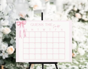Editable Pink Baby Shower Due Date Calendar, Pink Bow Minimalist Baby Shower Calendar, Pink Ribbon Girl Baby Shower