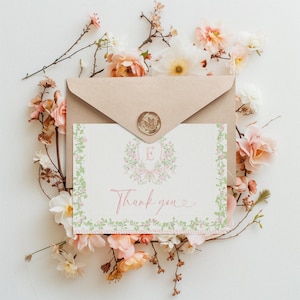 Tarjeta de agradecimiento con monograma chinoiserie rosa, tarjeta de agradecimiento para despedida de soltera con escudo floral rosa, Toile de Jouy francés victoriano, boda con monograma
