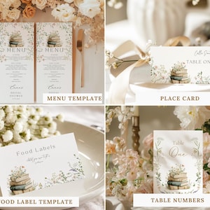 May include: A collection of event stationery templates featuring a stack of books topped with wildflowers. The set includes vertical menu cards, a folded place card, a folded food label card, and a vertical table number card, all with floral accents.