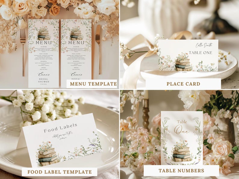 May include: A collection of event stationery templates featuring a stack of books topped with wildflowers. The set includes vertical menu cards, a folded place card, a folded food label card, and a vertical table number card, all with floral accents.