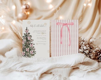 Könnte beinhalten: Eine zweiseitige Einladungskarte für eine Babyparty. Die Vorderseite zeigt einen Aquarell-Weihnachtsbaum mit rosa Schleifen und dem Text Baby it's cold outside. Die Rückseite hat ein rosa-weißes vertikales Streifenmuster mit einer großen rosa Schleife.