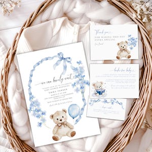We Can Bearly Wait Baby Shower Invitation Set, Blue Teddy Bear Baby Shower Invite, Minimal Boho Teddy Bear Baby Bundle Invitation Set, BB