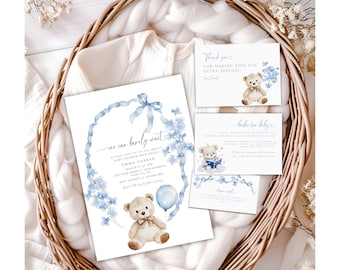 We Can Bearly Wait Baby Shower Invitation Set, Blue Teddy Bear Baby Shower Invite, Minimal Boho Teddy Bear Baby Bundle Invitation Set, BB