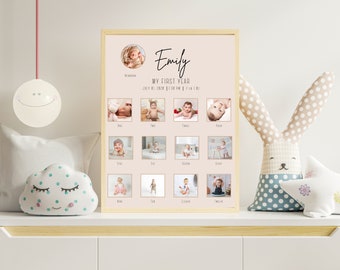 milestone birthday sign, printable baby's first year poster template, baby 1st birthday milestone board, 1st Birthday Photo Collage Sign,M2