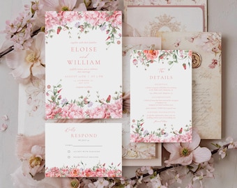 May include: A collection of wedding stationery featuring floral designs in pink and green. The invitation card includes the names "Eloise and William" and the wedding date. Other cards include details and RSVP information.