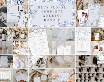 Dusty Blue Wedding Bundle, floral Vintage French toile invite suite, Chinoiserie wedding Bundle, Vintage Floral Wedding Invitation Set,