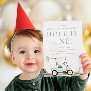 Sjabloon golf eerste verjaardag uitnodiging, hole-in-one eerste verjaardagsuitnodiging set, golf par-Tee eerste verjaardag, golf verjaardag, golf par-tee, T5