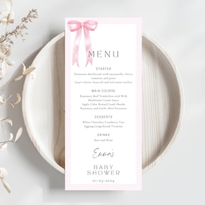 EDITABLE Pink Bow Menu for Baby Shower, Minimalist Baby Shower Pink Watercolor Ribbon Blush Pink 1st Birthday