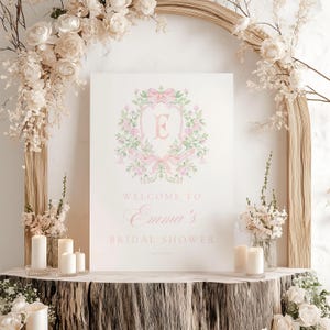 Chinoiserie Monogram Bridal Shower Welcome sign, Bridal Shower, Pink Floral Crest bridal shower, Victorian French Toile De Jouy Welcome sign