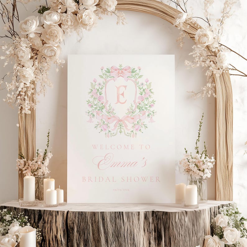 Chinoiserie Monogram Bridal Shower Welcome sign, Bridal Shower, Pink Floral Crest bridal shower, Victorian French Toile De Jouy Welcome sign