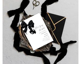 Elegant Black Bow Bridal Shower invitation template, She's Tying the Knot Modern Black Bow Bridal Shower invite, black bow, bride to be, D4