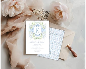 Chinoiserie Monogram Bridal Shower Invitation: Floral Crest (Digital Download)