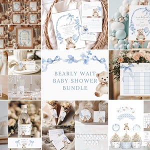 Pacchetto Baby Shower "We Can Bearly Wait", Pacchetto Baby Shower "Orsetto di Peluche Azzurro Polvere", Set Inviti Baby "Orsetto di Peluche Boho Minimal", BB