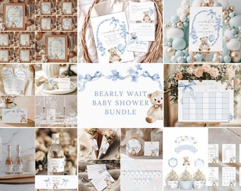Paquete de baby shower "Podemos esperar", paquete de baby shower de osito de peluche azul polvoriento, conjunto de invitaciones para bebé con osito de peluche bohemio minimalista, BB