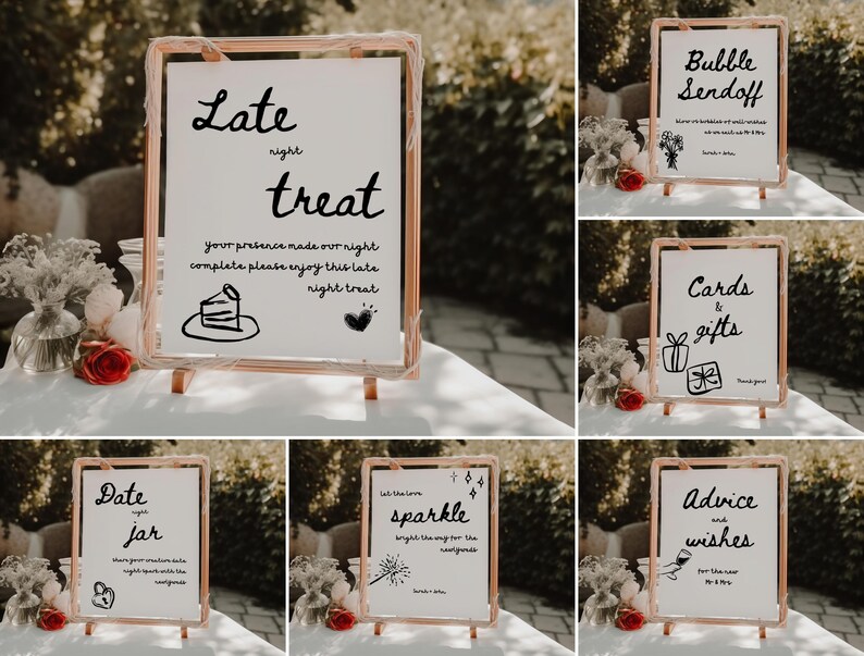 May include: A set of ten wedding signs with black calligraphy on white backgrounds. The signs are displayed on wooden easels and include phrases like "Late Night Treat", "Bubble Sendoff", "Cards & Gifts", "Date Jar", "Sparkle", and "Advice & Wishes".