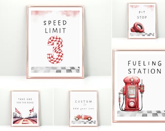 Red Race Car 3rd Birthday party signs, Can’t catch me I’m three Birthday, Boy Third Birthday, Race Car Birthday Party