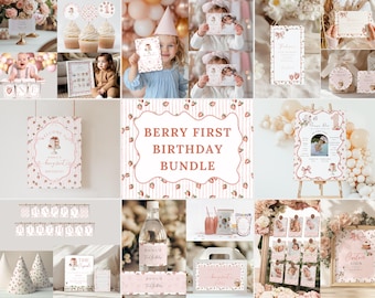 Paquete de primer cumpleaños con coqueta de lazo rosa y bayas, dulce cumpleaños de bayas, invitación de primer cumpleaños de fresa, cumpleaños de bayas, niña de primer cumpleaños