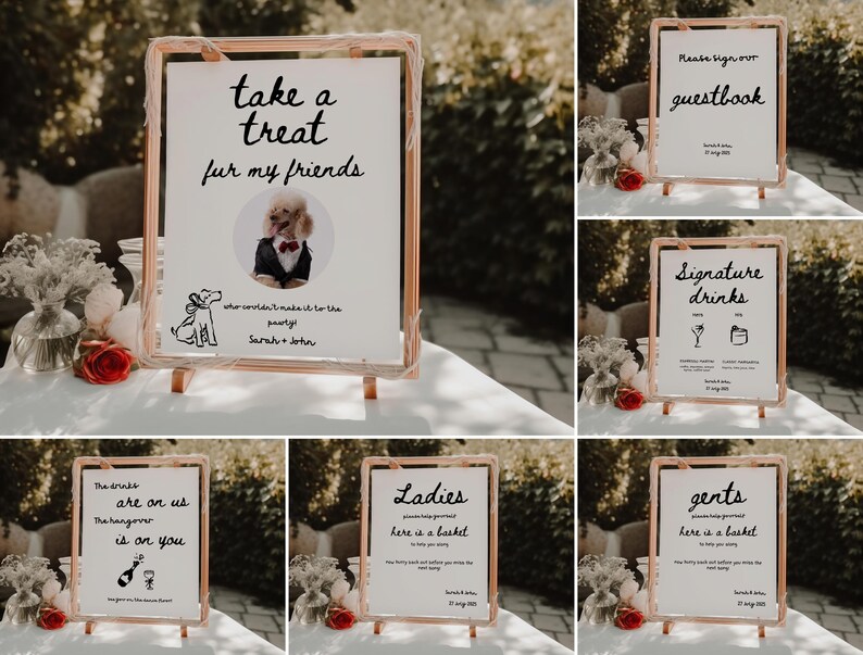 May include: A set of eight wedding signs with black calligraphy on white backgrounds. The signs are on wooden easels and include a welcome sign, a guest book sign, a signature drinks sign, a treat for my friends sign, and two signs that say "Ladies, here is a basket" and "Gents, here is a basket".