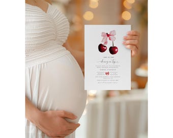 Cherry Baby Shower Invitation, Cherry on top Invite Set, Coquette Pink Bow Berries, Girl Baby Shower, Editable Instant Download, Ch5