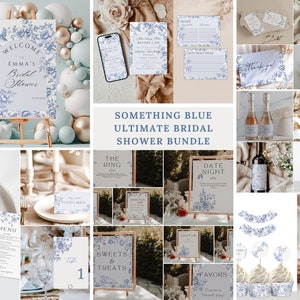Something Blue Before I Do Bridal Shower Invitation bundle, Editable Vintage Floral Shower, French Blue Toile Invite, Dusty Blue Chinoiserie