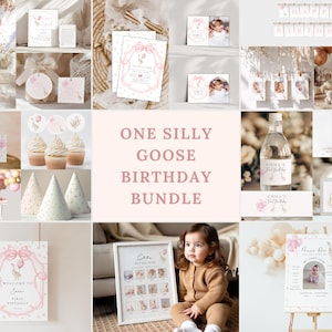 One Silly Goose First Birthday Bundle, Vintage Floral Goose Invite First Birthday Bundle, Pink Girls 1st Birthday Boho invite,
