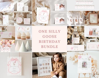 One Silly Goose First Birthday Bundle, Vintage Floral Goose Invite First Birthday Bundle, Pink Girls 1st Birthday Boho invite,
