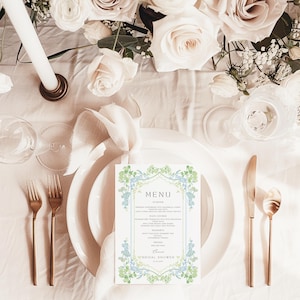 Chinoiserie monogram menusjabloon, blauwe bloemen kuif menusjabloon, Victoriaanse Franse toile de jouy, bruiloftsmenu, babyshower menu 2