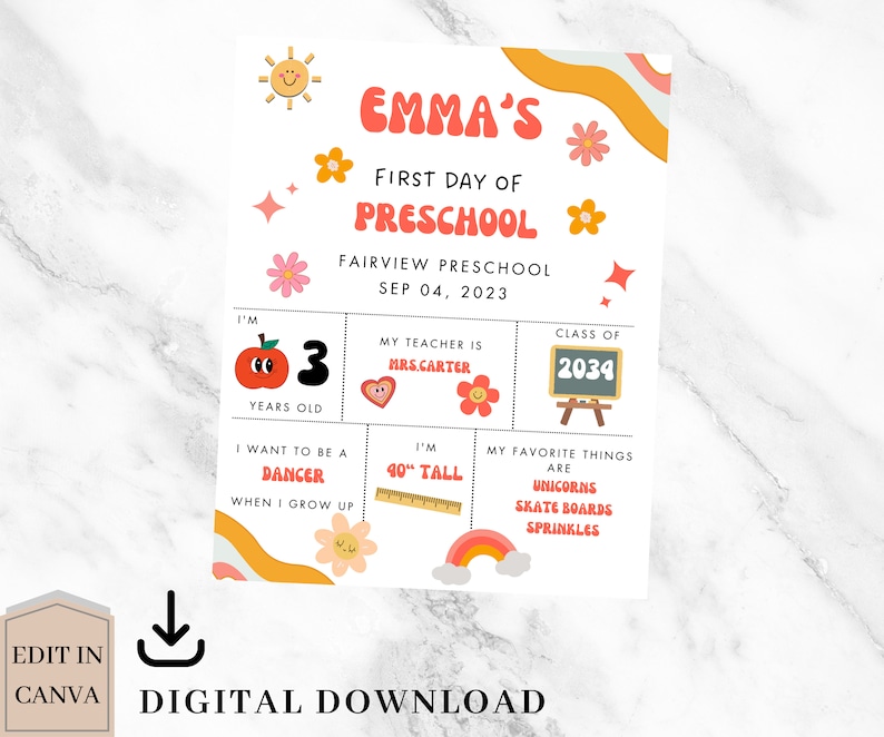 Editable First Day of Pre School Sign, First Day of School Sign ...