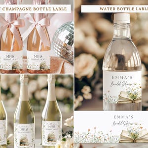 May include: Customizable bottle labels for wine, champagne, and water bottles featuring a floral book illustration. The labels display the text MRS SIMMONS or EMMA'S Bridal Shower in black serif font, accented by a watercolor design of wildflowers.