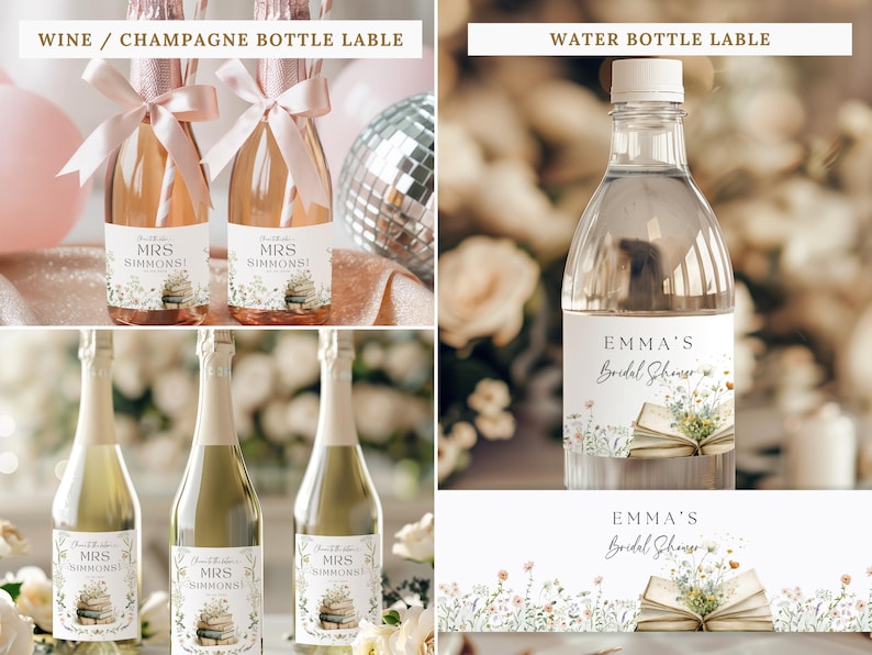 May include: Customizable bottle labels for wine, champagne, and water bottles featuring a floral book illustration. The labels display the text MRS SIMMONS or EMMA'S Bridal Shower in black serif font, accented by a watercolor design of wildflowers.