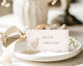 Little Silly Goose Baby Shower place card Template, Toile de Jouy Silly Goose baby shower place card, Chinoiserie Blush Goose, place card