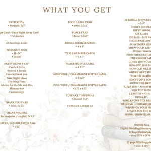 May include: A digital product list titled WHAT YOU GET, detailing various wedding stationery items including invitations, signs, labels, and 26 bridal shower games. The text is organized in columns with specific dimensions in inches listed for each item.