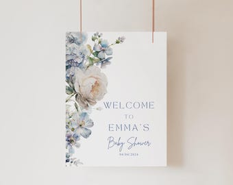 Blue Baby in Bloom Welcome Sign, Boy Floral Shower Welcome sign, Dusty Blue Floral Baby Shower Sign, Light Blue Baby Shower Sign, b4