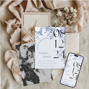 ダスティブルーのSave the Dateテンプレート、写真付きSave The Date、花柄のヴィンテージフレンチトワルSave The Dateテンプレート、Save The Date、Ch1
