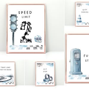 May include: Set of 6 printable signs with a racing theme. The signs feature a checkered flag, a gas pump, a pit stop, a speed limit sign, a gift parking sign, and a sign that says "Take one for the road".