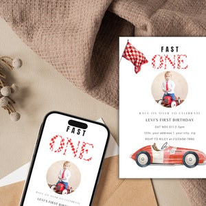 Fast One Birthday Invitation, First Birthday, Retro Race Car First Birthday Party Decorations, Fast One Birthday, Vintage Red Racing Car, R3