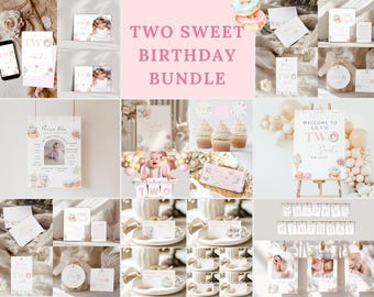 Two Sweet Second Birthday Bundle, 2nd Birthday Girl,  Donut Invitation Pink Dessert Invite, Two Sweet Birthday Theme Bundle, Two Sweet, S5