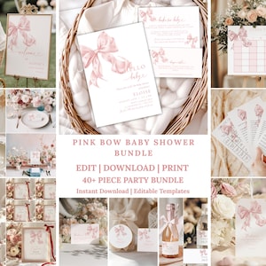 Pink Bow Baby Shower invitation Template Bundle, Coquette Baby Shower Invite, Coquette Baby Shower Games Bundle, Tiny Toes and Pretty Bows
