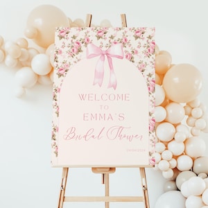 Vintage Pink Bow Rose Toile Bridal Shower Welcome Sign, Editable Pink Bow Bridal Shower, Shabby Chic Bridal Shower, Bridal Shower, D1