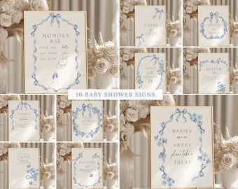 Blue Baby in Bloom Baby Shower Signs, Blue Baby in Bloom Baby Shower, Dusty Blue Floral Baby Shower Signs, Blue Bow Spring Baby Shower Decor