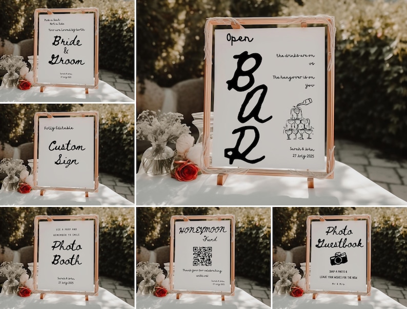 May include: Six wedding signs with black calligraphy on white backgrounds. The signs are on wooden easels and include the text "Bride & Groom", "Custom Sign", "Open Bar", "Photo Booth", "Honeymoon Fund", and "Photo Guestbook".